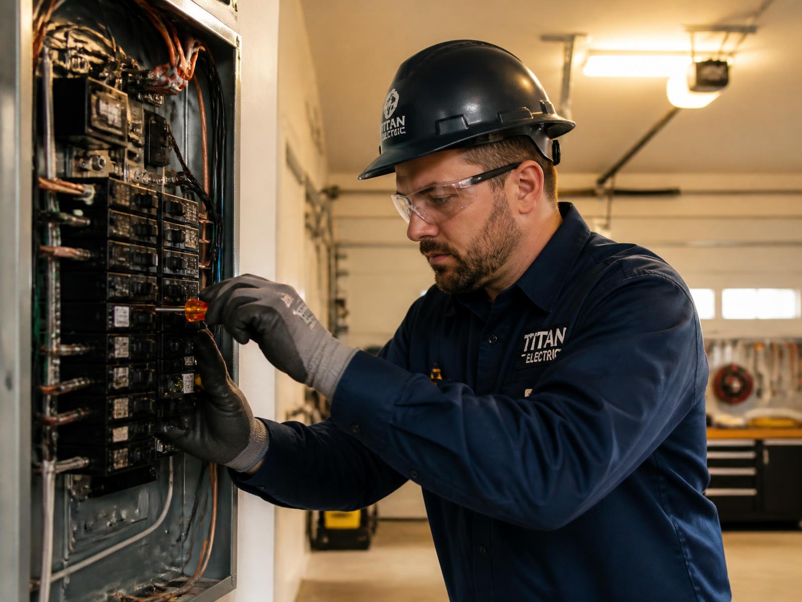 Licensed Southern Spark electrician servicing a residential electrical panel in Lake View, Alabama